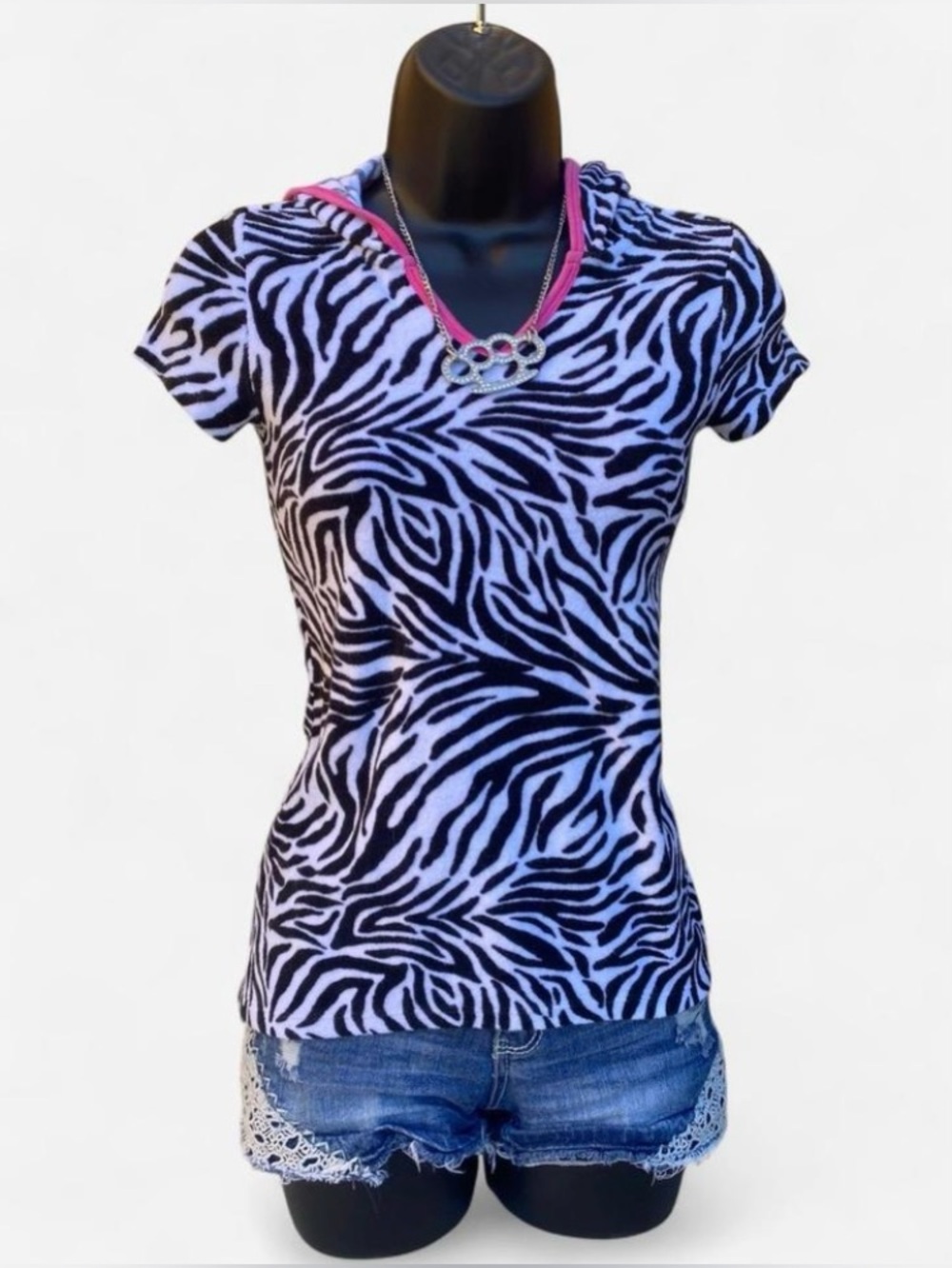 Y2k Op Zebra Print & Hot Pink Terry Cloth Hooded Top